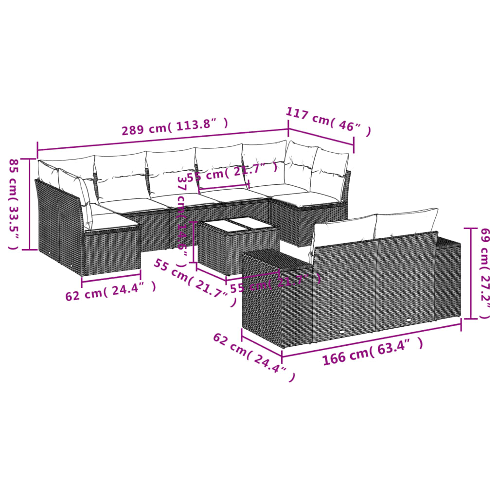 Set Divani da Giardino 10pz con Cuscini in Polyrattan Nero 3223024