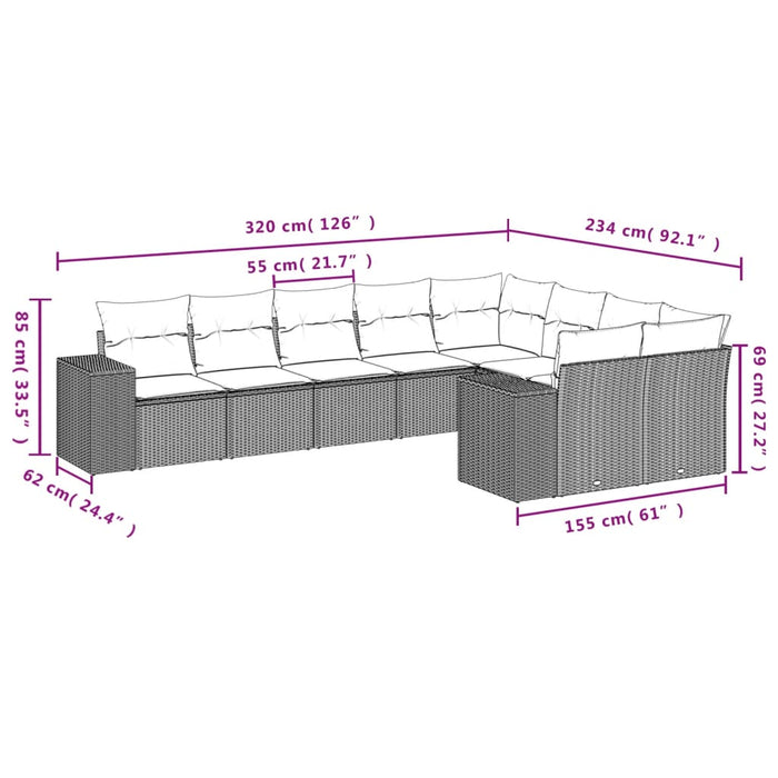 Set Divano da Giardino 9 pz con Cuscini Beige in Polyrattan 3223037