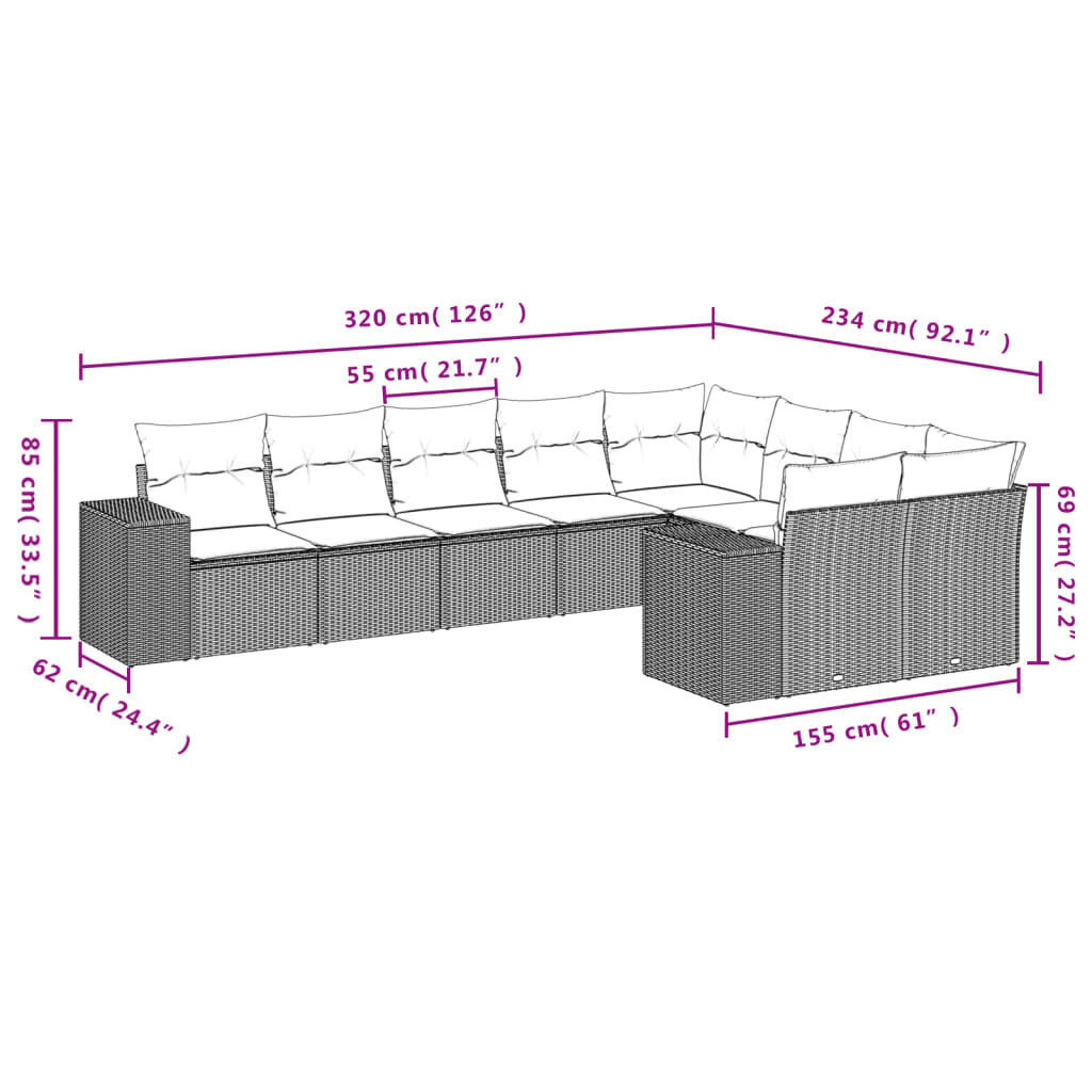 Set Divano da Giardino 9 pz con Cuscini Beige in Polyrattan 3223038