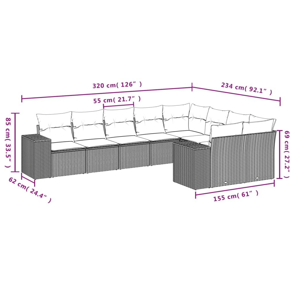 Set Divano da Giardino 9 pz con Cuscini Grigio in Polyrattan 3223039