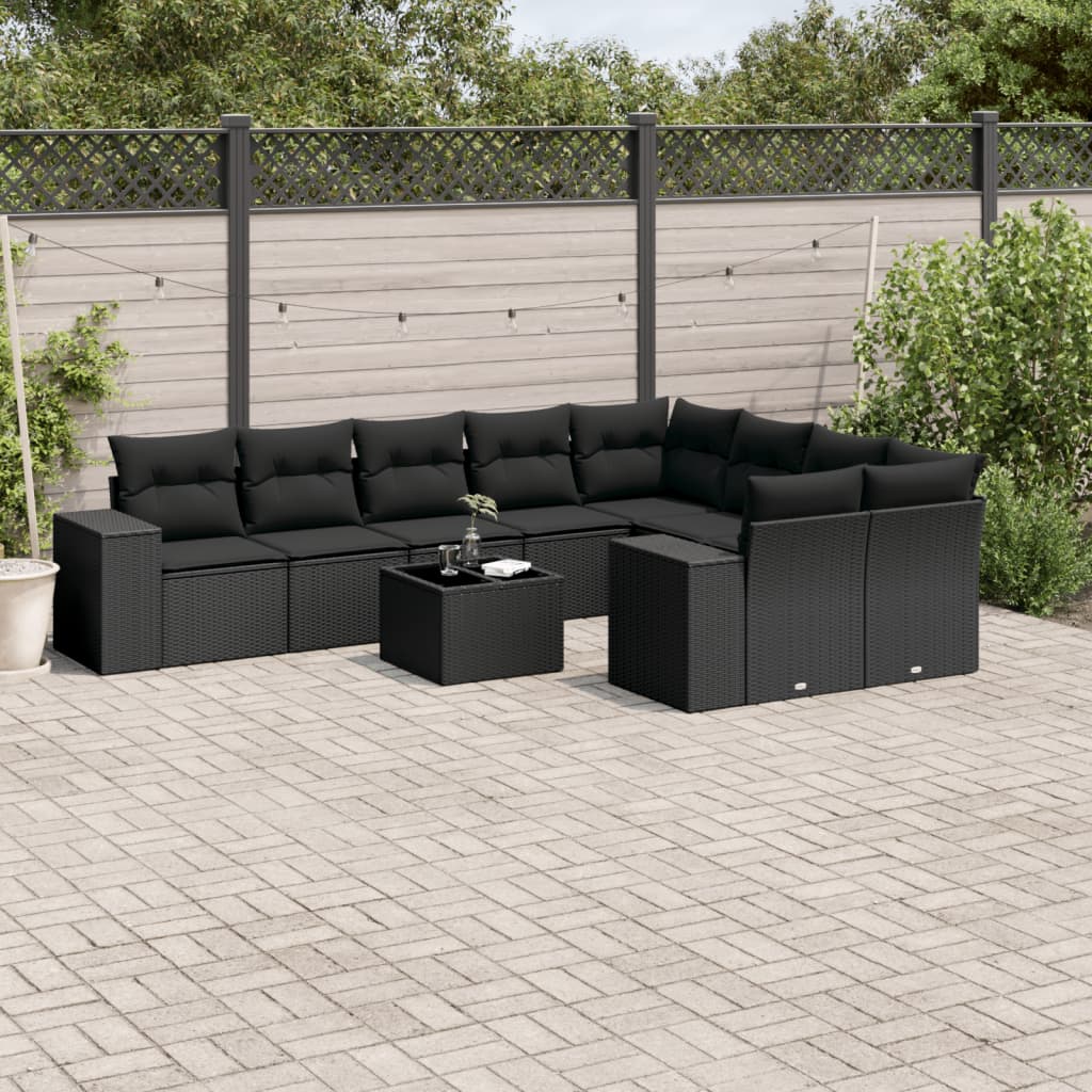 Set Divani da Giardino 10pz con Cuscini in Polyrattan Nero 3223044