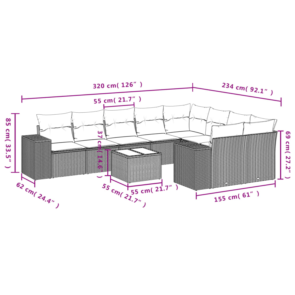 Set Divano da Giardino 10 pz con Cuscini Grigio in Polyrattan 3223049