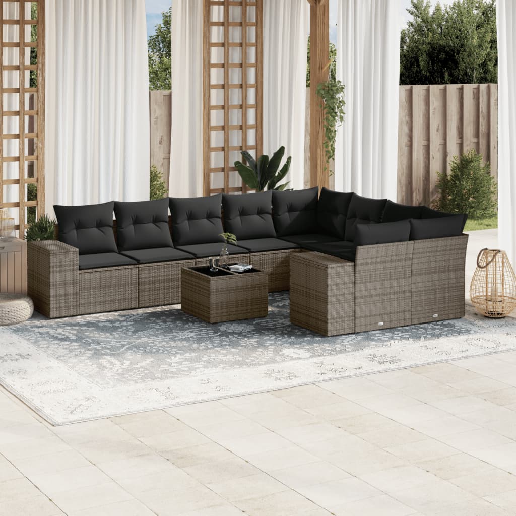 Set Divano da Giardino 10 pz con Cuscini Grigio in Polyrattan 3223049