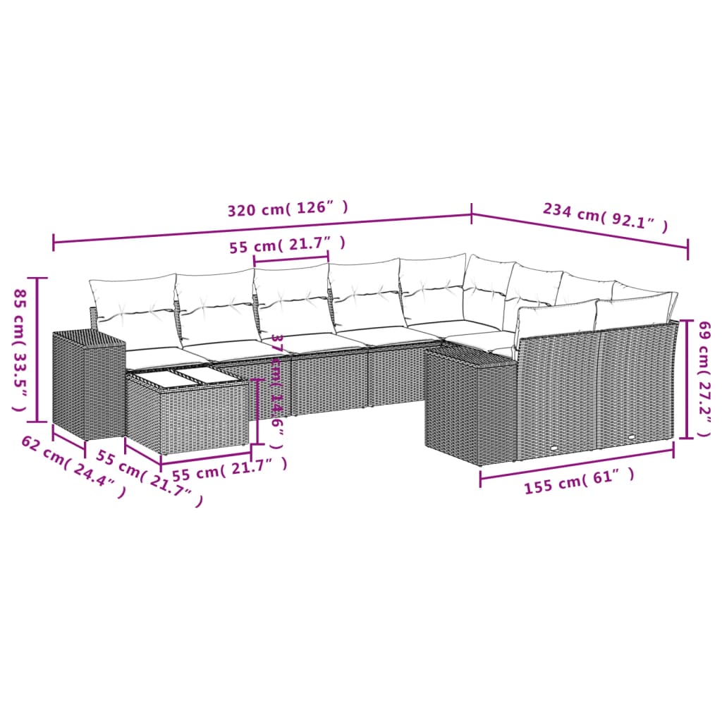 Set Divani da Giardino 10pz con Cuscini in Polyrattan Nero 3223054