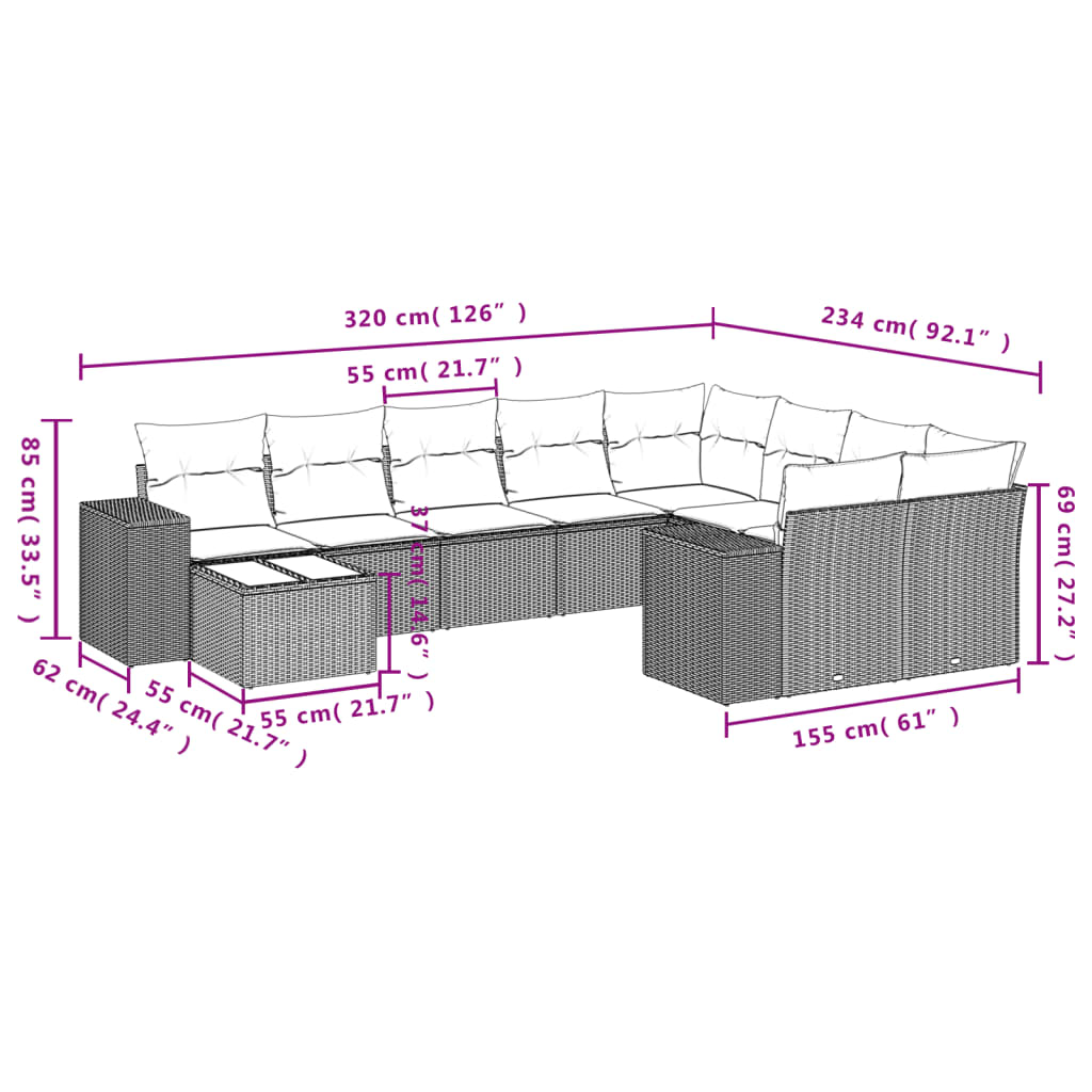 Set Divano da Giardino 10 pz con Cuscini Grigio in Polyrattan 3223059