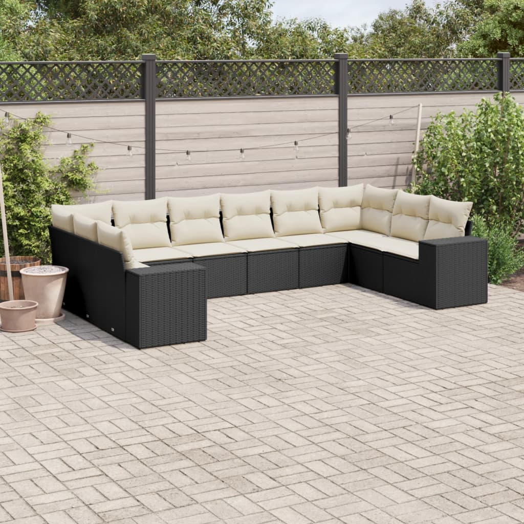 Set Divani da Giardino 10pz con Cuscini in Polyrattan Nero 3223065