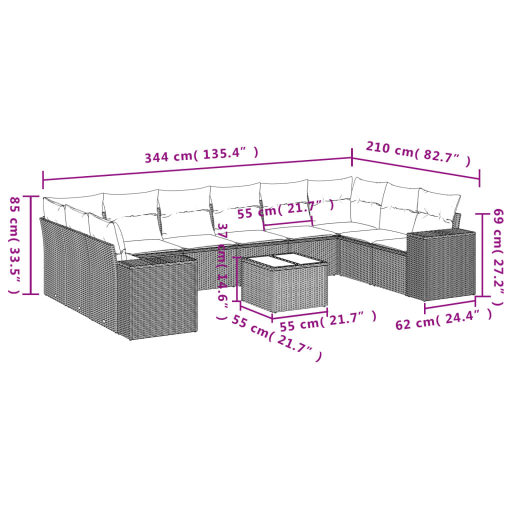 Set Divani da Giardino 11 pz con Cuscini in Polyrattan Nero 3223074