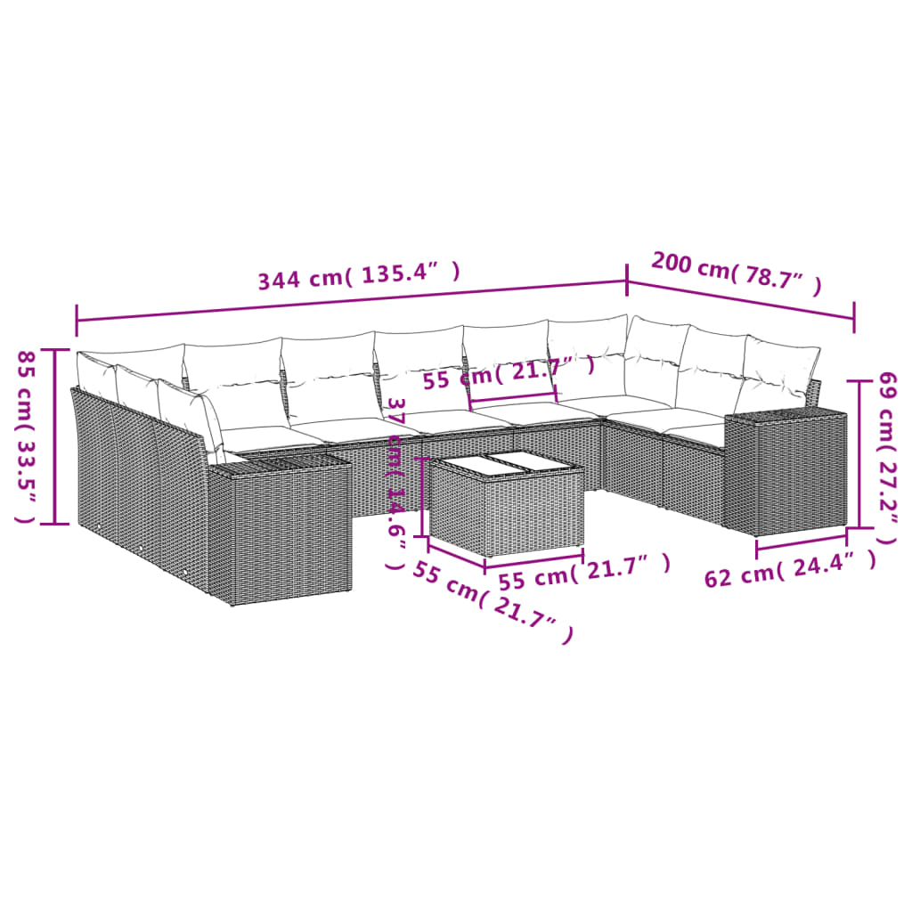 Set Divani da Giardino 11 pz con Cuscini in Polyrattan Grigio 3223081