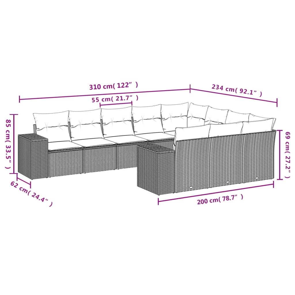 Set Divano da Giardino 10 pz con Cuscini Beige in Polyrattan 3223088