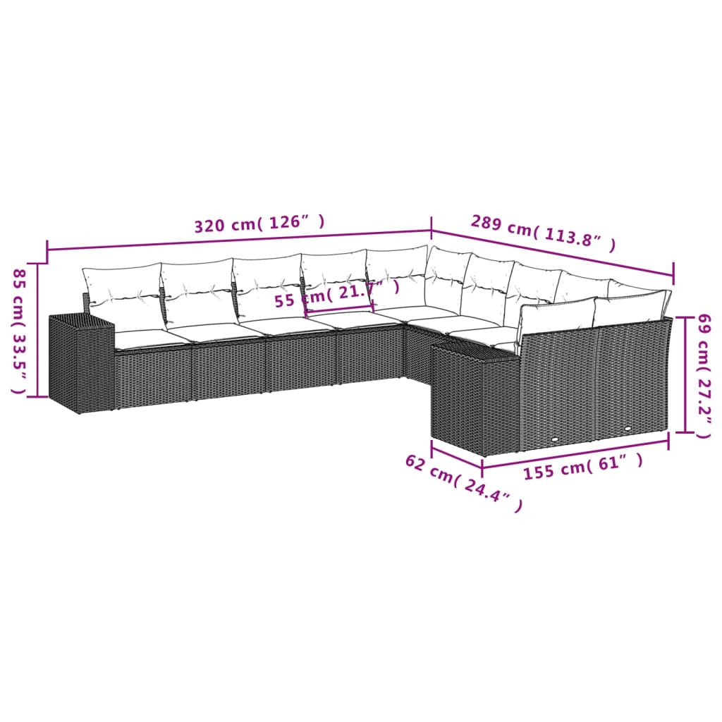 Set Divani da Giardino 10pz con Cuscini in Polyrattan Nero 3223105