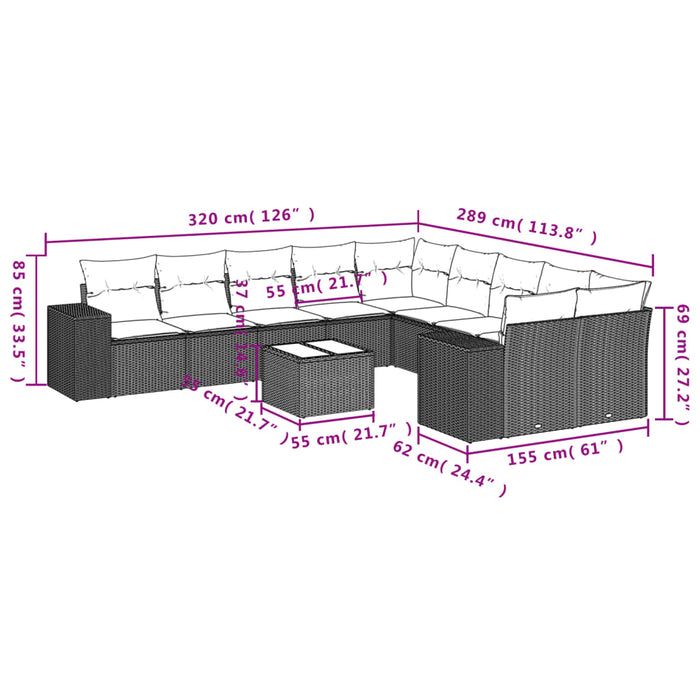 Set Divani da Giardino 11 pz con Cuscini in Polyrattan Grigio 3223119