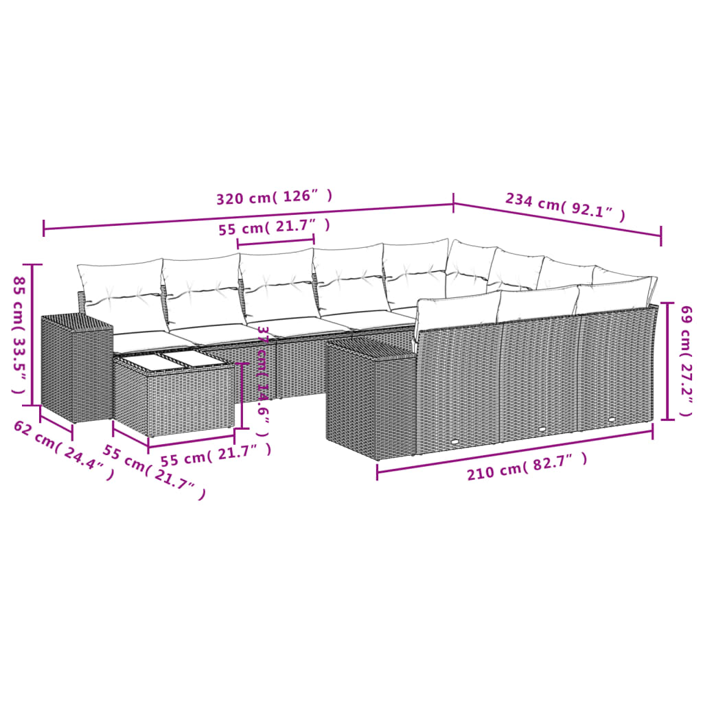 Set Divani da Giardino 11 pz con Cuscini Beige in Polyrattan 3223127