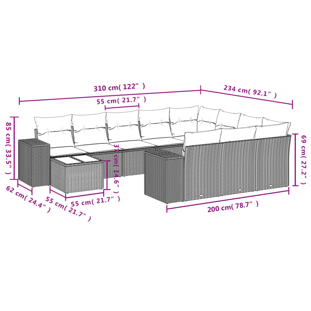 Set Divani da Giardino 11 pz con Cuscini in Polyrattan Grigio 3223131