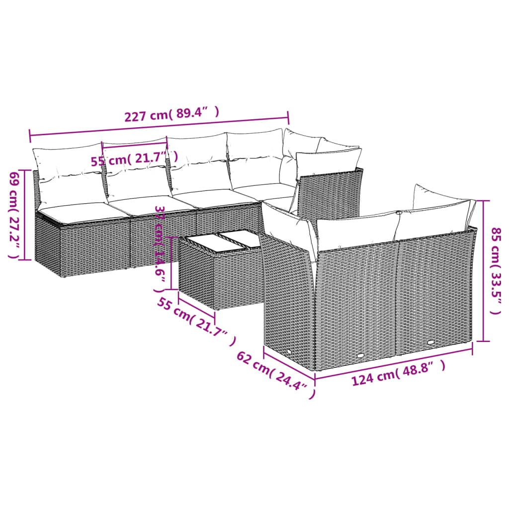 Set Divano da Giardino 8 pz con Cuscini Beige in Polyrattan 3217298