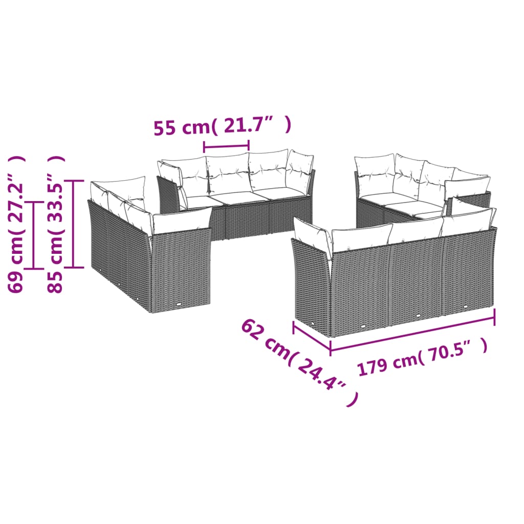 Set Divani da Giardino 12 pz con Cuscini Nero in Polyrattan 3217325