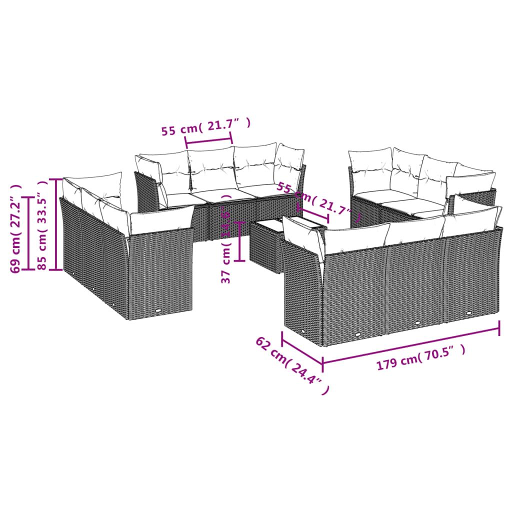 Set Divani da Giardino 13pz con Cuscini Nero in Polyrattan 3217335