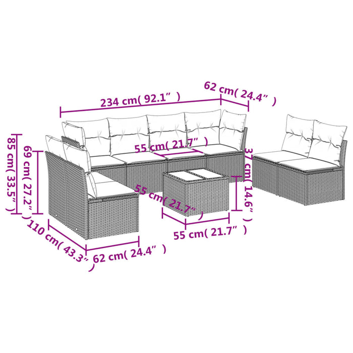 Set Divani da Giardino 9 pz con Cuscini Nero in Polyrattan 3217455