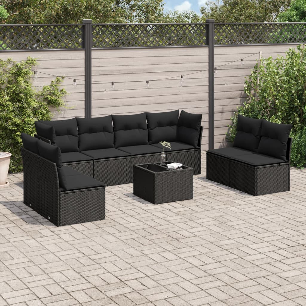 Set Divani da Giardino 9 pz con Cuscini Nero in Polyrattan 3217455