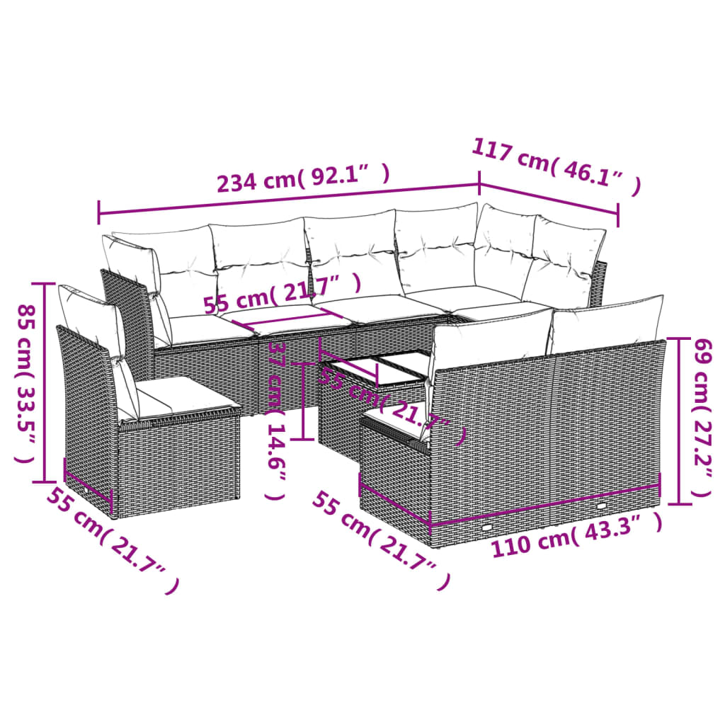 Set Divani da Giardino 9 pz con Cuscini Nero in Polyrattancod mxl 87060