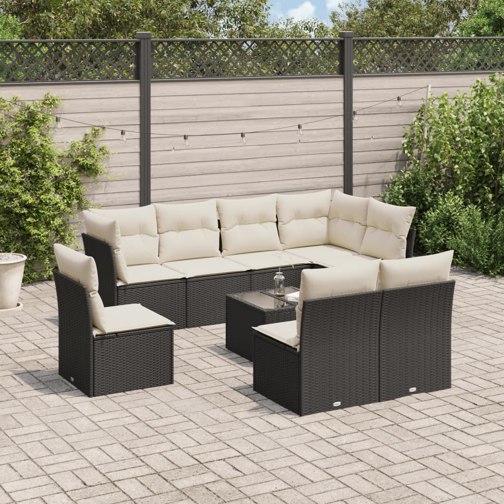 Set Divani da Giardino 9 pz con Cuscini Nero in Polyrattan 3217766