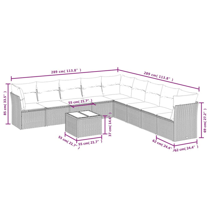 Set Divano da Giardino 10 pz con Cuscini Beige in Polyrattan 3217788