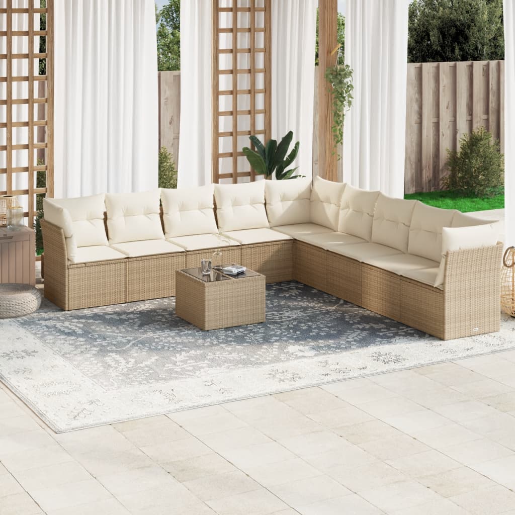 Set Divano da Giardino 10 pz con Cuscini Beige in Polyrattan 3217788