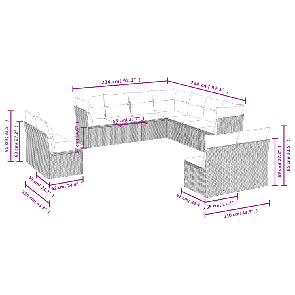 Set Divani da Giardino 11 pz con Cuscini in Polyrattan Nerocod mxl 87936