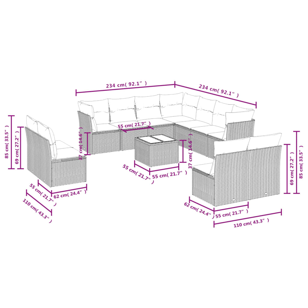 Set Divani da Giardino 12 pz con Cuscini Beige in Polyrattan 3217829