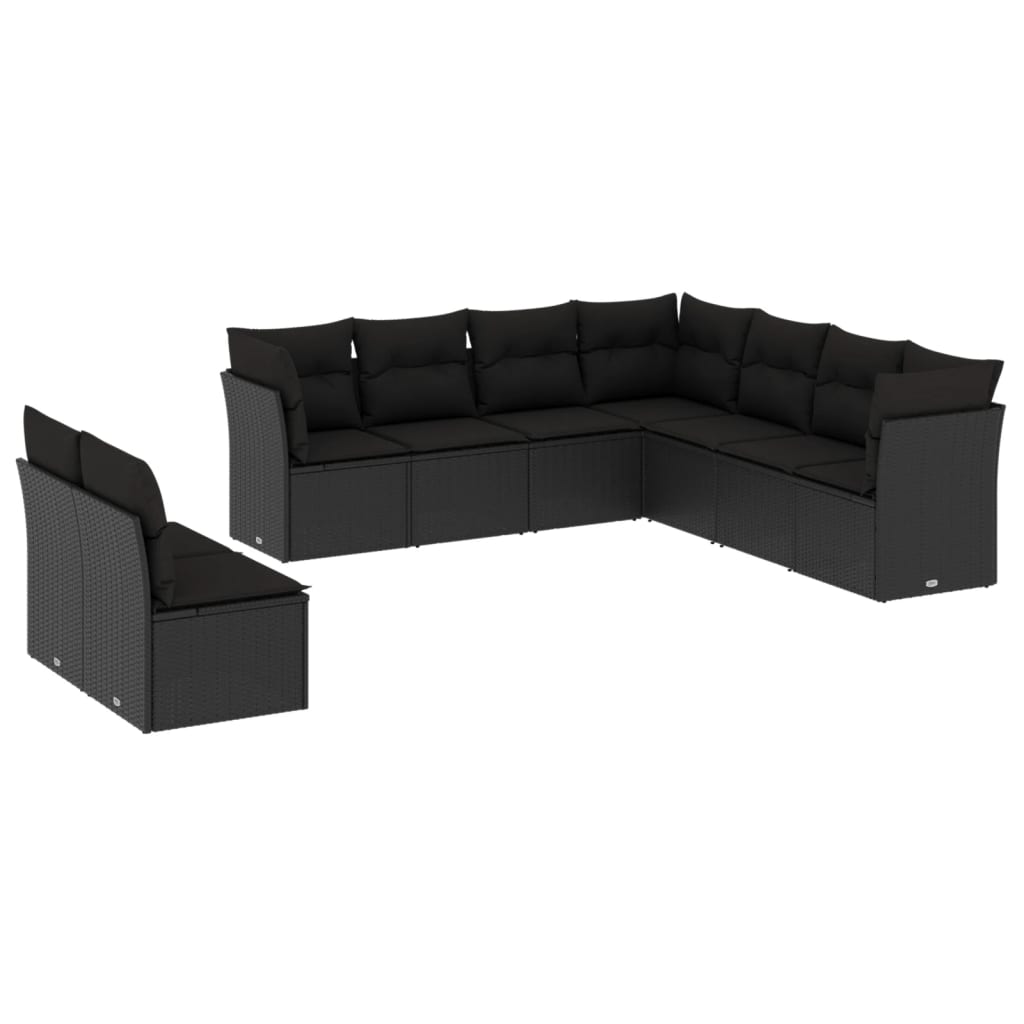 Set Divani da Giardino 9 pz con Cuscini Nero in Polyrattan 3217835