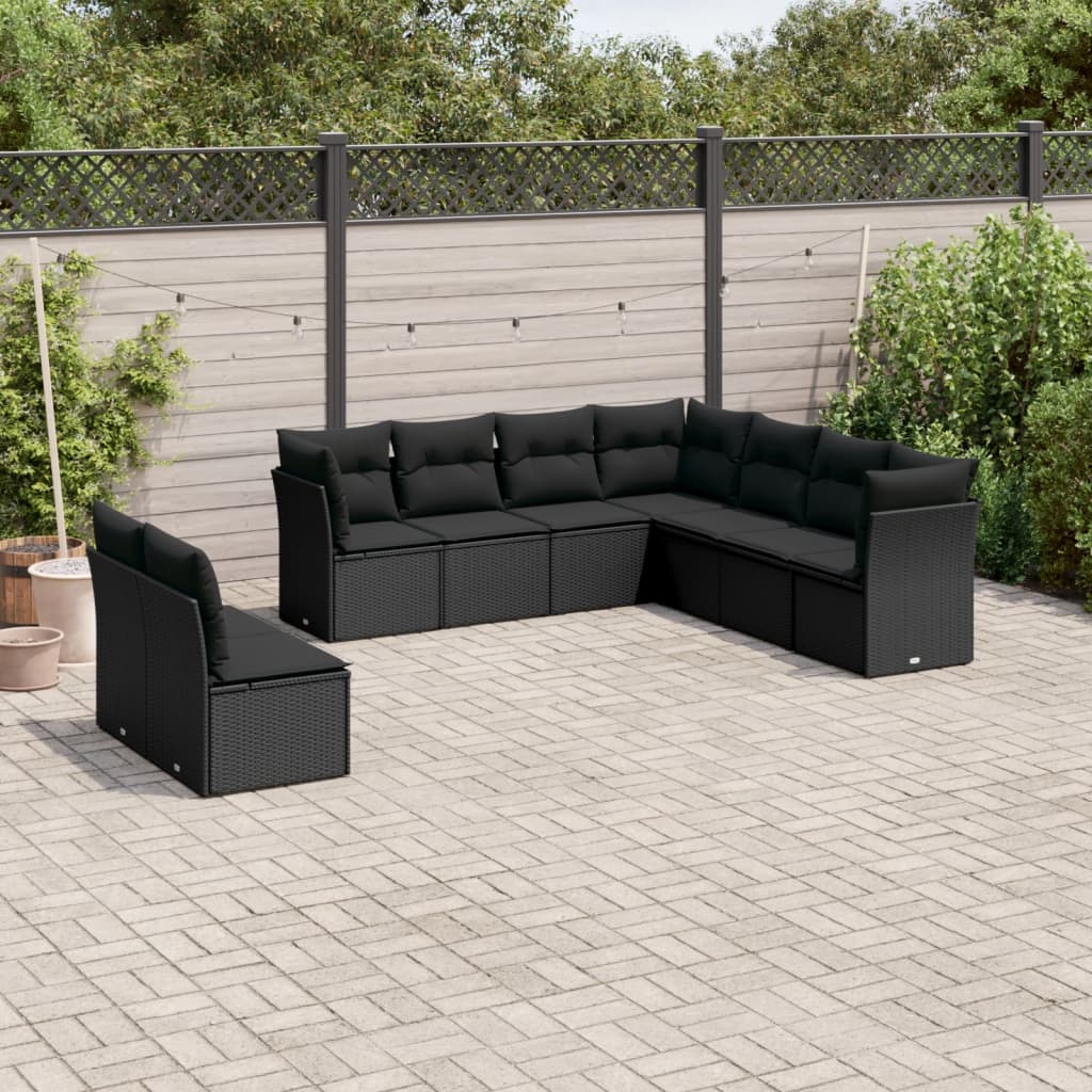 Set Divani da Giardino 9 pz con Cuscini Nero in Polyrattan 3217835