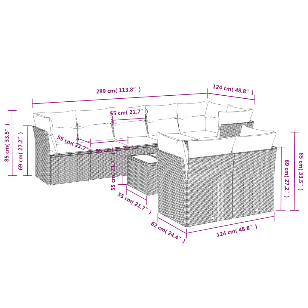 Set Divano da Giardino 9 pz con Cuscini Beige in Polyrattan 3217918