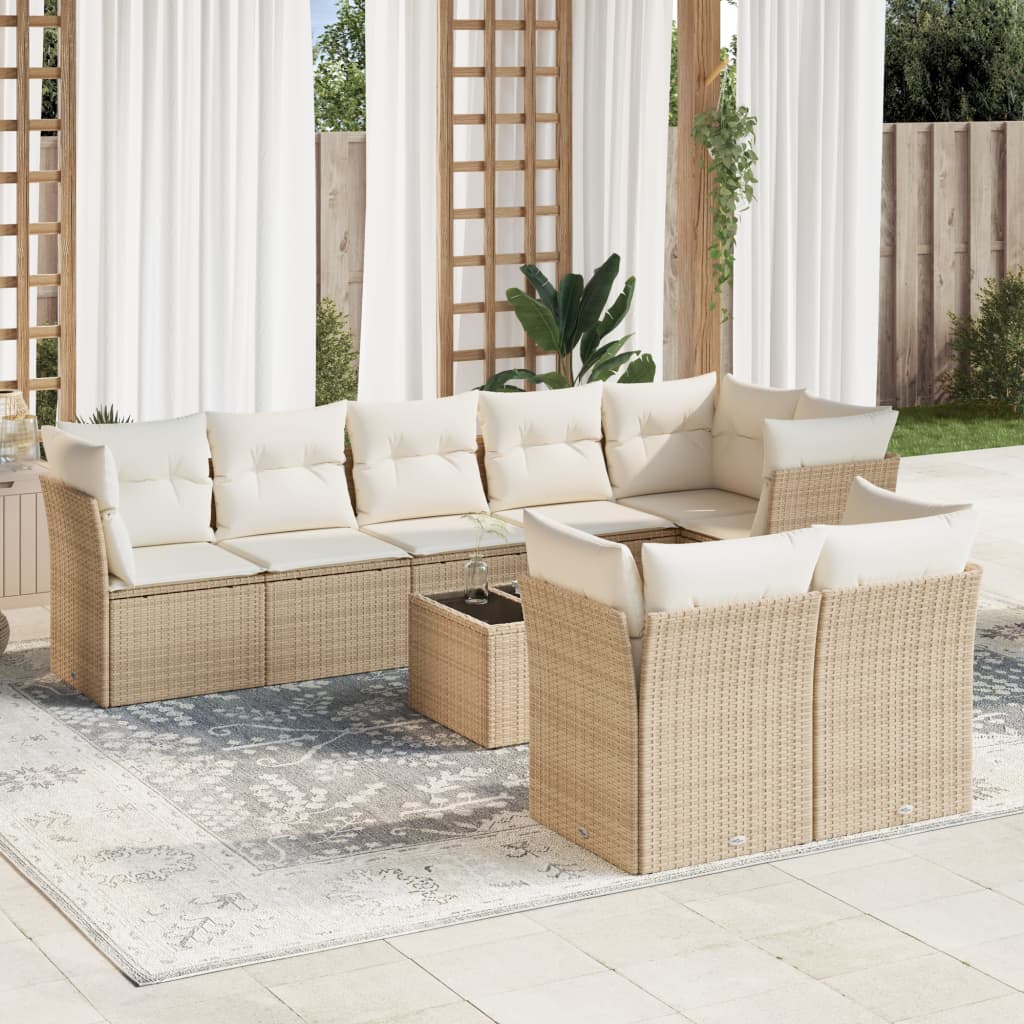 Set Divano da Giardino 9 pz con Cuscini Beige in Polyrattan 3217918