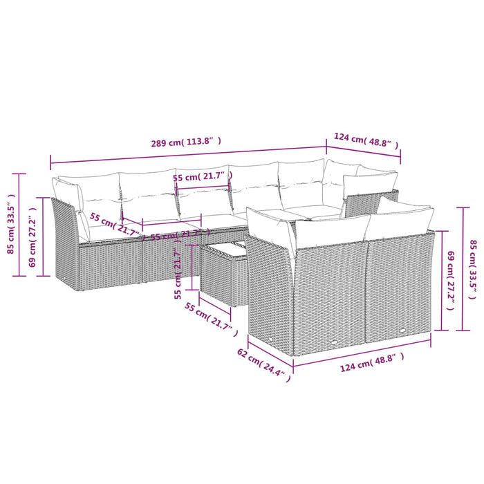 Set Divano da Giardino 9 pz con Cuscini Grigio in Polyrattan 3217920