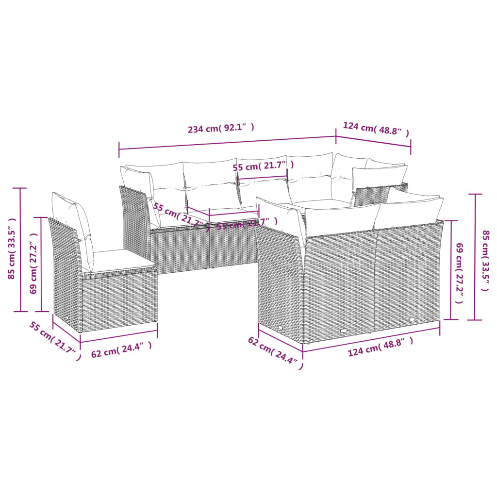 Set Divano da Giardino 8 pz con Cuscini Grigio in Polyrattan 3217930