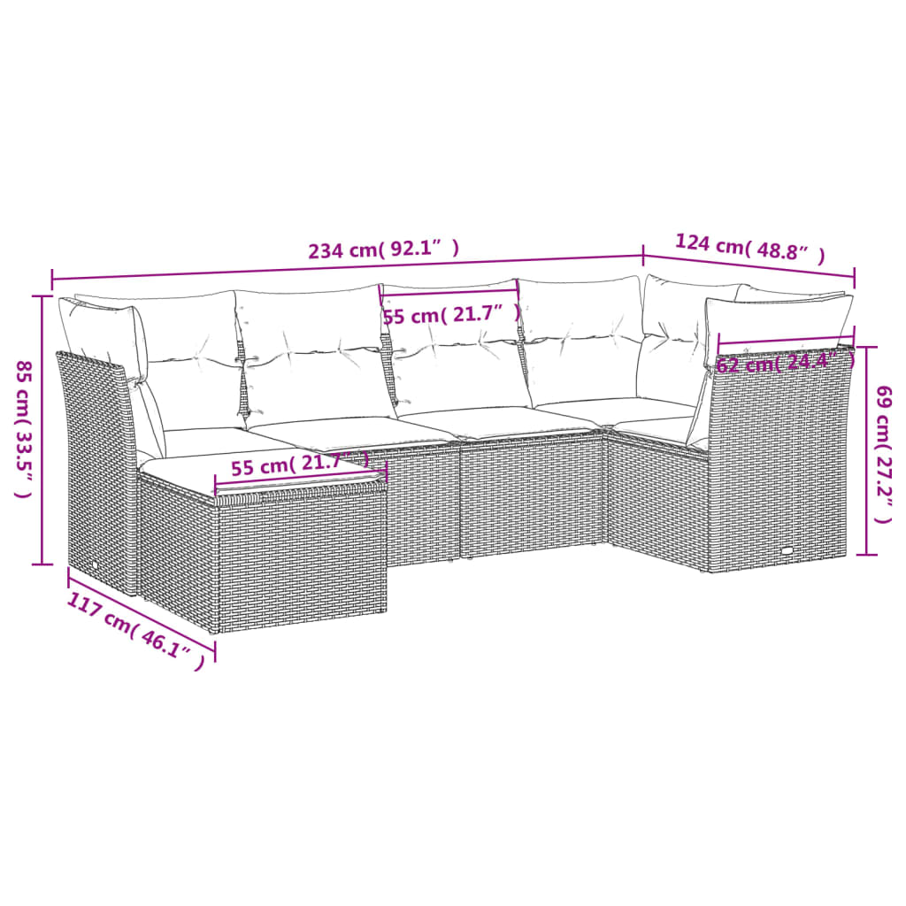 Set Divano da Giardino 6 pz con Cuscini Nero in Polyrattan 3217945