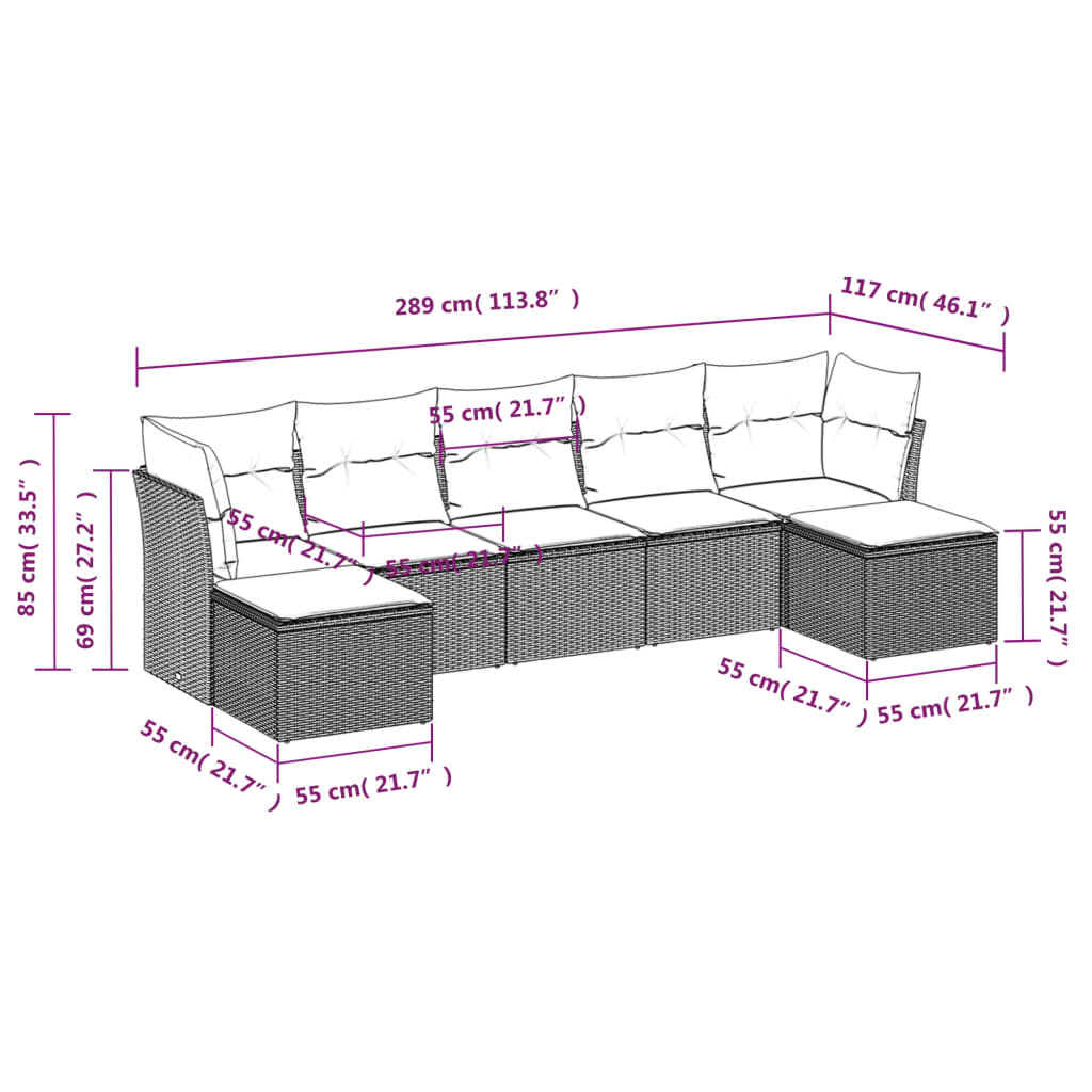 Set Divani da Giardino 7 pz con Cuscini Grigio in Polyrattan 3218030