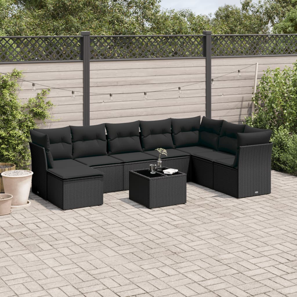 Set Divani da Giardino 9 pz con Cuscini Nero in Polyrattan 3218055