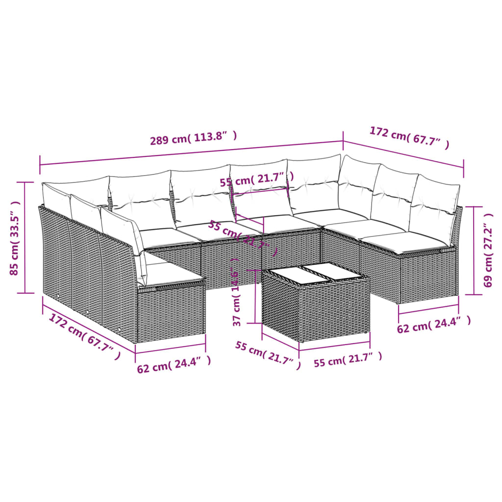 Set Divano da Giardino 10 pz con Cuscini Grigio in Polyrattan 3218080