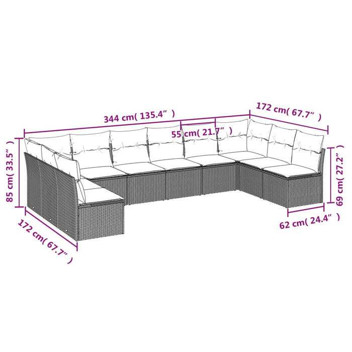 Set Divani da Giardino 10pz con Cuscini in Polyrattan Nero 3218086