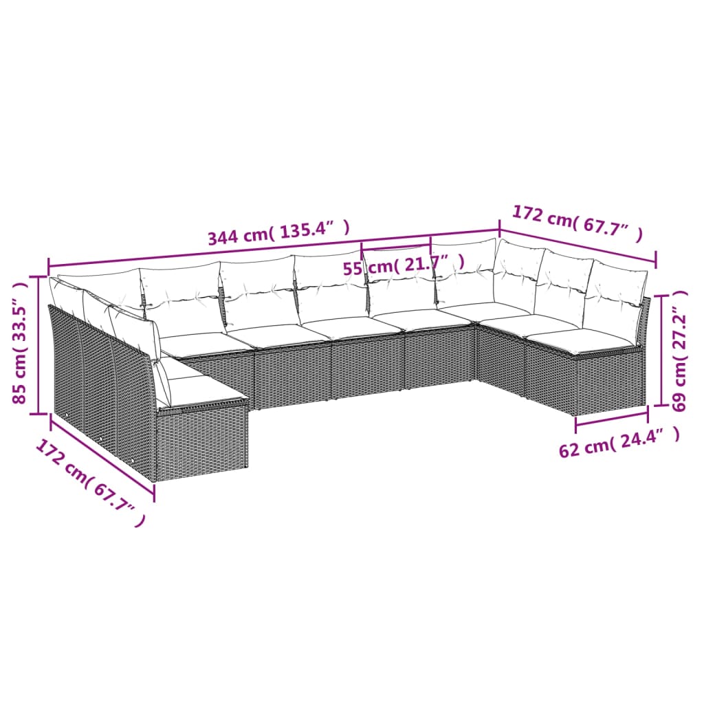 Set Divano da Giardino 10 pz con Cuscini Beige in Polyrattan 3218089