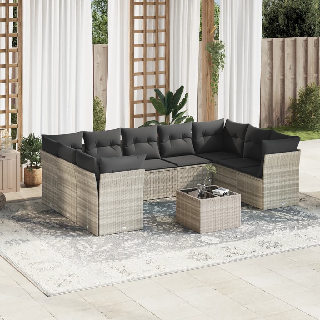 Set Divano Giardino 10 pz con Cuscini Grigio Chiaro Polyrattan 3218142