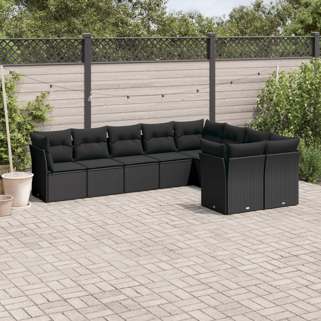 Set Divani da Giardino 9 pz con Cuscini Nero in Polyrattan 3218165