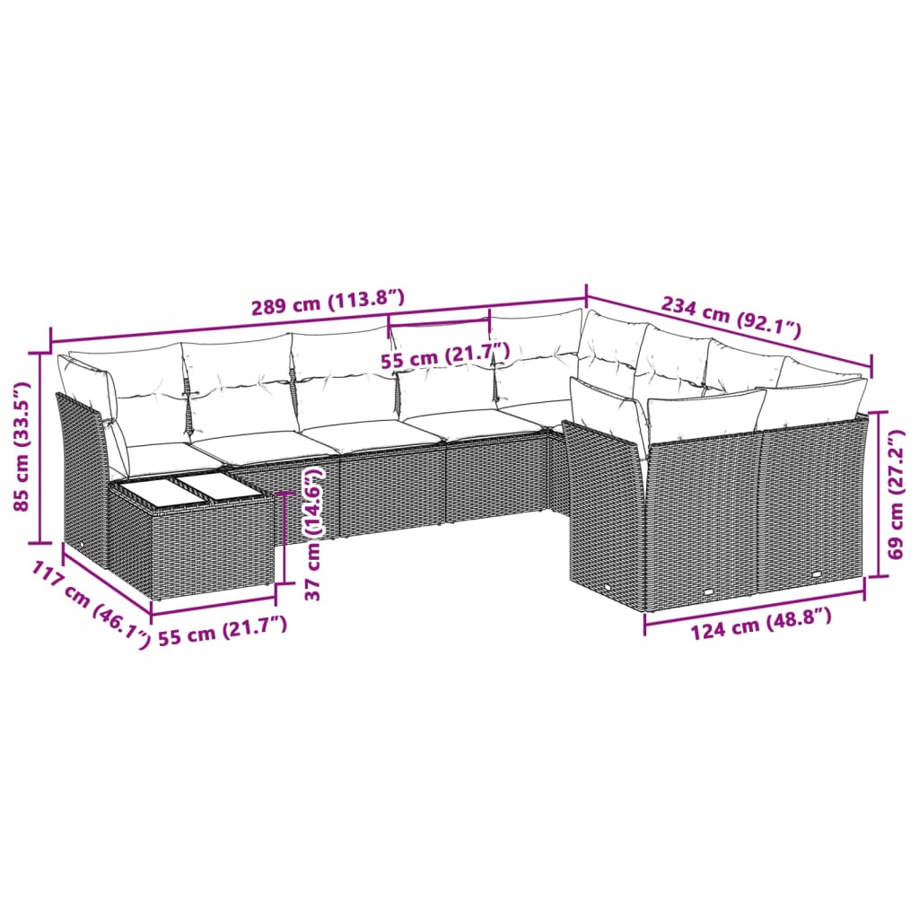 Set Divano Giardino 10 pz con Cuscini Grigio Chiaro Polyrattan 3218192