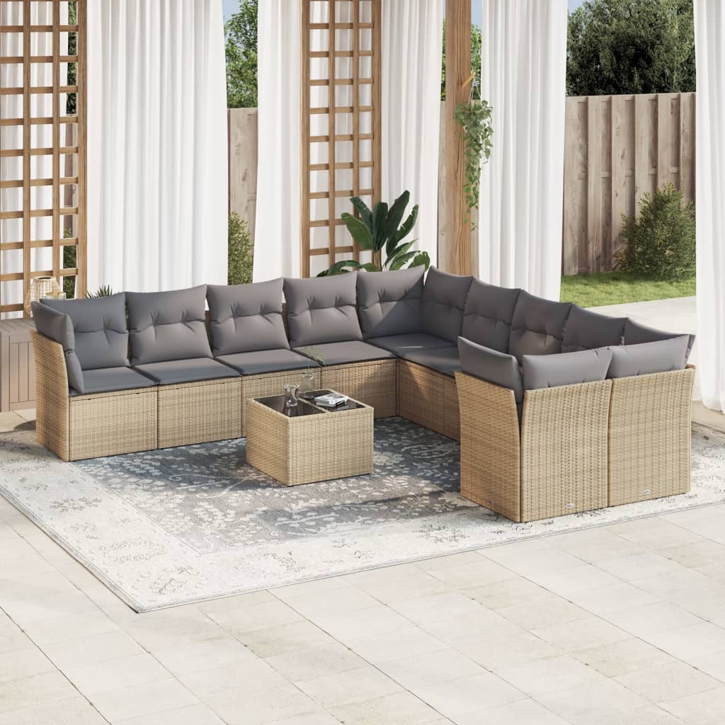 Set Divani da Giardino 11 pz con Cuscini Beige in Polyrattan 3218249