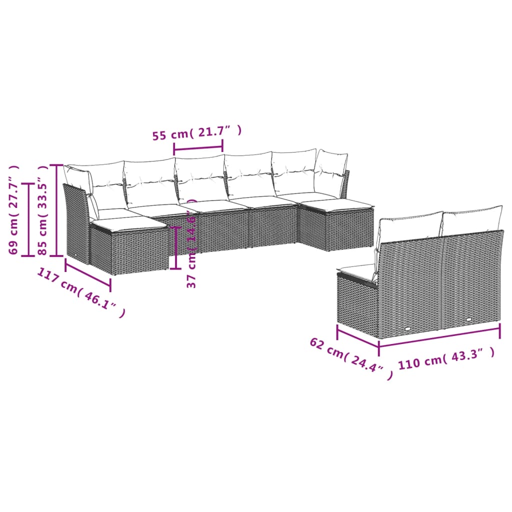 Set Divani da Giardino 9pz con Cuscini Marrone in Polyrattan 3218273