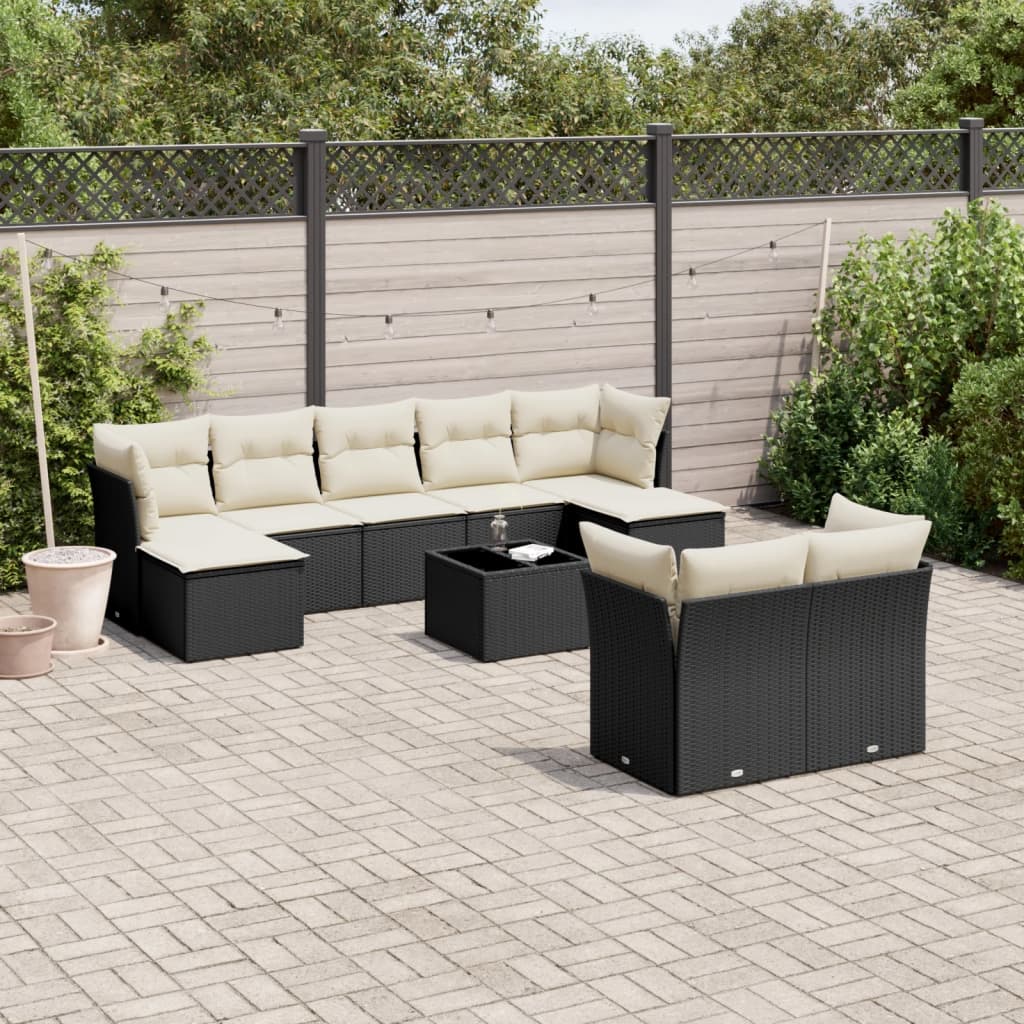 Set Divani da Giardino 10pz con Cuscini in Polyrattan Nero 3218316