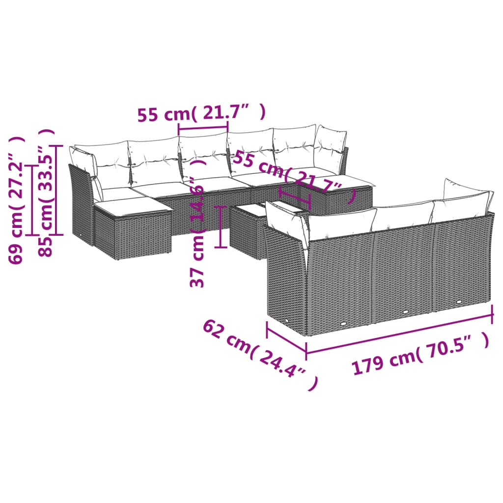 Set Divani da Giardino 11 pz con Cuscini in Polyrattan Nero 3218335