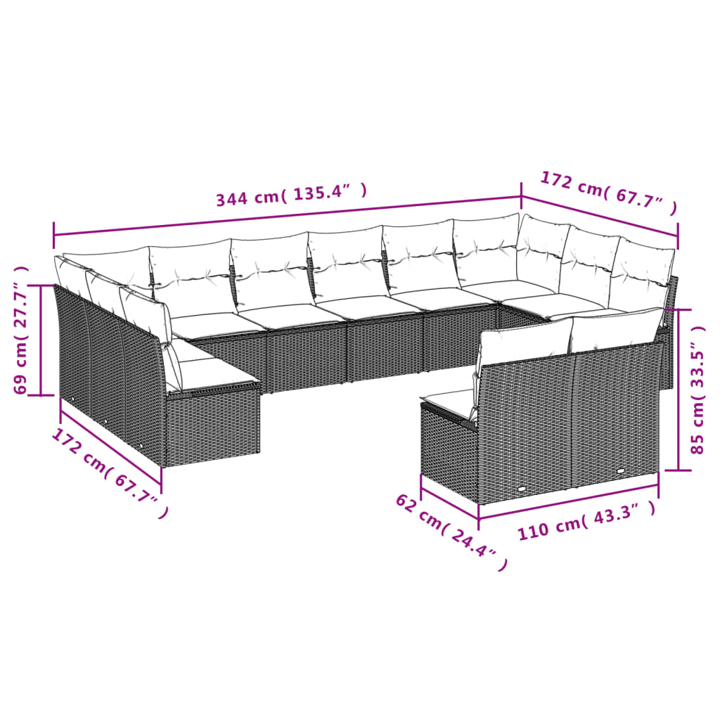 Set Divano Giardino 12 pz con Cuscini Grigio Chiaro Polyrattan 3218372