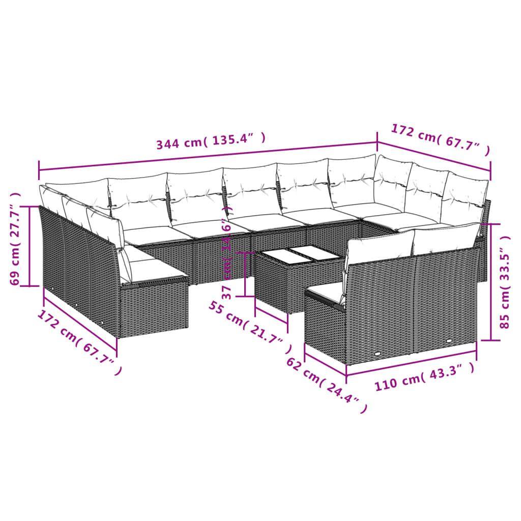 Set Divani da Giardino 13pz con Cuscini Nero in Polyrattan 3218376