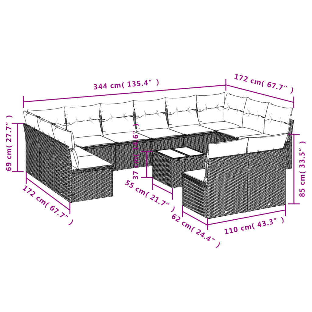 Set Divano da Giardino 13 pz con Cuscini Beige in Polyrattan 3218378